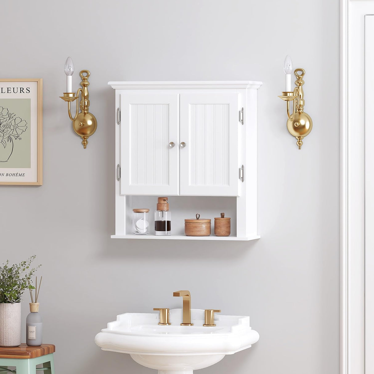 UTEX Bathroom Cabinet Wall Mounted, Wood Hanging Cabinet, Wall Cabinets with Doors and Shelves Over The Toilet for Bathroom,White UTEX