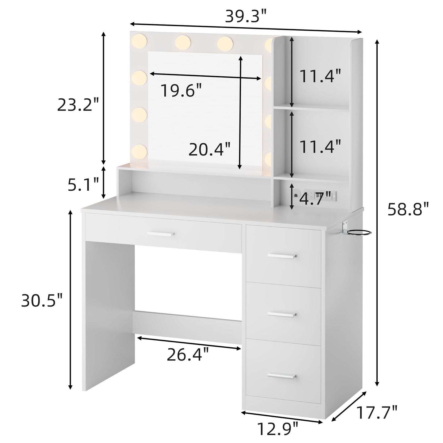 JUMMICO 39.3'' Vanity Desk with LED Lighted Mirror &Power Outlet, Makeup Vanity Table with 4 Large Drawers and 3 Storage Shelves, 3 Model Adjustable Lights for Bedroom & Dressing Room (White) - WoodArtSupply