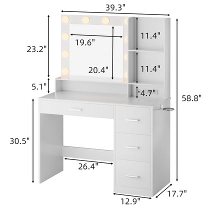 JUMMICO 39.3'' Vanity Desk with LED Lighted Mirror &Power Outlet, Makeup Vanity Table with 4 Large Drawers and 3 Storage Shelves, 3 Model Adjustable Lights for Bedroom & Dressing Room (White) - WoodArtSupply