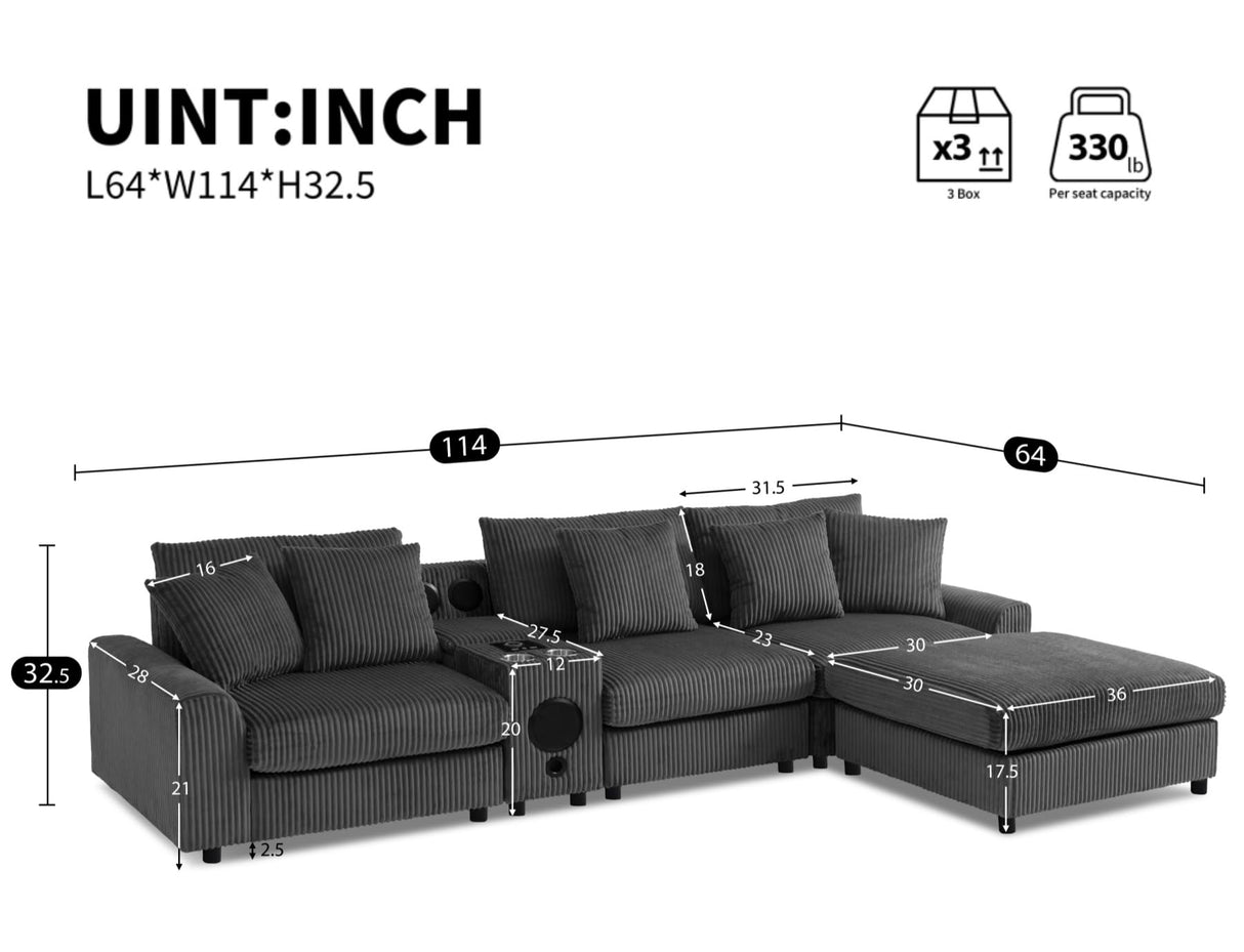 Merax 114 * 64" Corduroy Sectional Couches with Bluetooth Speakers, Storage, Ottoman & Pillows, Upholstered Modular Sofa Chaise with Console, USB Charger, Cup Holders for Living Room Apartment, Grey Merax