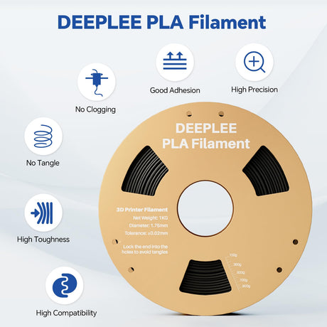 DEEPLEE PLA 1.75mm 3D Printer Filament, Dimensional Accuracy +/- 0.02mm, Neatly Wound, No Clogging, Vacuum Package, Fits for Most FDM 3D Printers, Cardboard Spool 1kg Black Deeplee