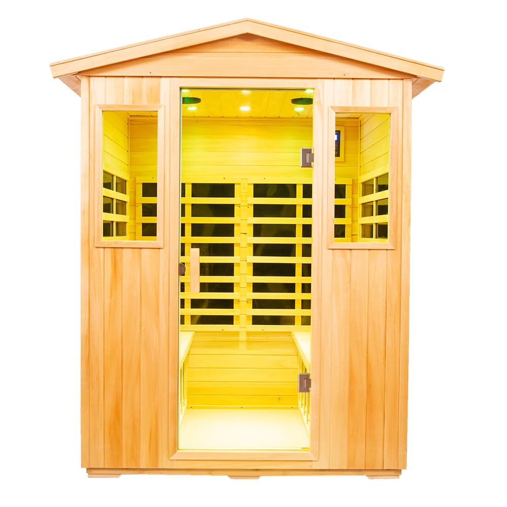 V ddhoger Outdoor Sauna 4 Person,Basswood Far Infrared Sauna,2050W Low EMF Sauna,12 Low EMF Boards,Chromotherapy,Bluetooth Speaker V ddhoger