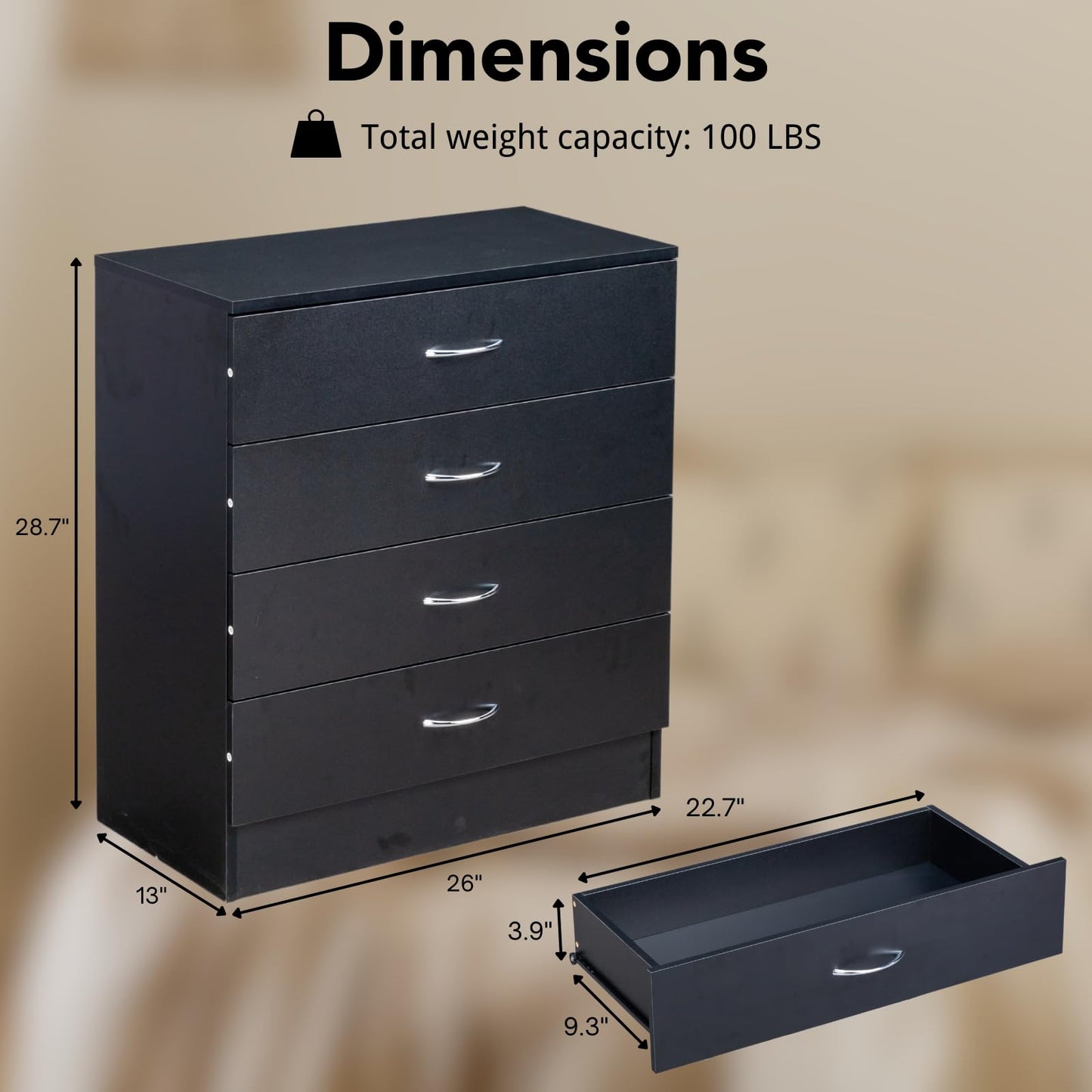 Karl home Black 4 Drawer Dresser for Bedroom, Modern Nightstand Storage Chest of Drawer, Wooden Side Table End Table, Living Room, Reception Room