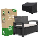 EconoHome 2 Seat Outdoor Storage Bench with Rain Cover - 60 Gallon Capacity - Weatherproof Resin Bench for Patio, Porch, Garden, Yard, Pool Area - Furniture for Pool Accessories, Gardening Tools EconoHome