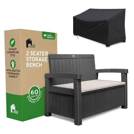 EconoHome 2 Seat Outdoor Storage Bench with Rain Cover - 60 Gallon Capacity - Weatherproof Resin Bench for Patio, Porch, Garden, Yard, Pool Area - Furniture for Pool Accessories, Gardening Tools EconoHome