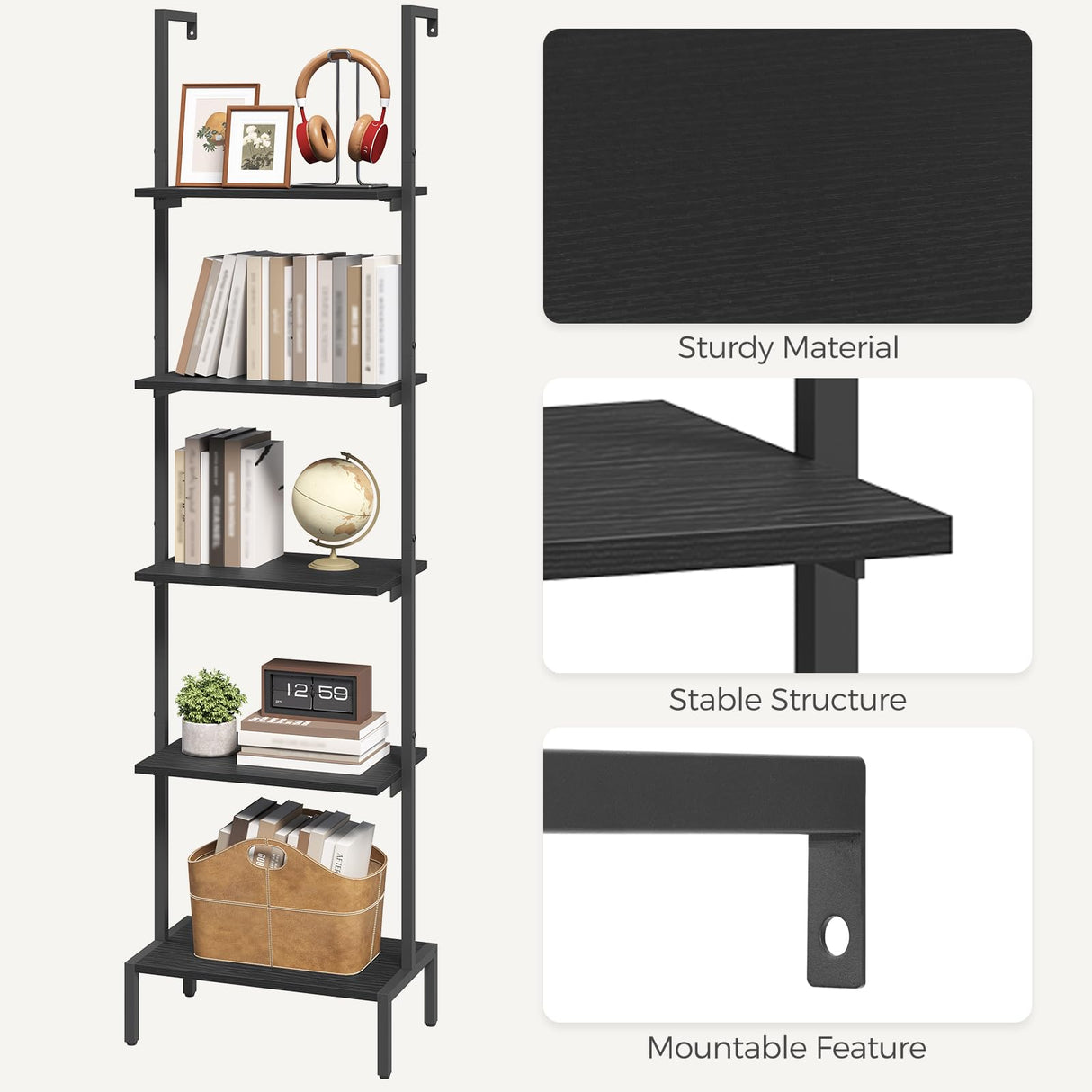 MAHANCRIS 5-Tier Ladder Shelf, Storage Bookshelf with Wall Mount, Heavy Duty Industrial Style Ladder Shelves for Living Room, Office, Kitchen, Bedroom, Black LSBK5501 MAHANCRIS