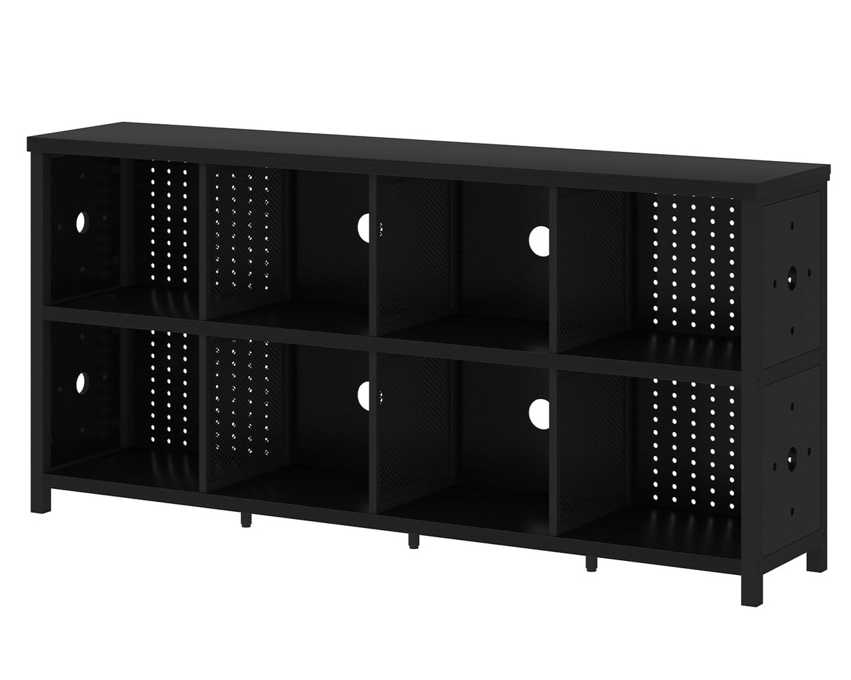LVB Black Horizontal Bookshelf, Modern Cube Storage Organizer Bookcase, Industrial Wide Long Wood Metal Book Shelf, Farmhouse Low Large Cube Shelf for Office Home Bedroom Living Room, Black Oak, 63 In LVB