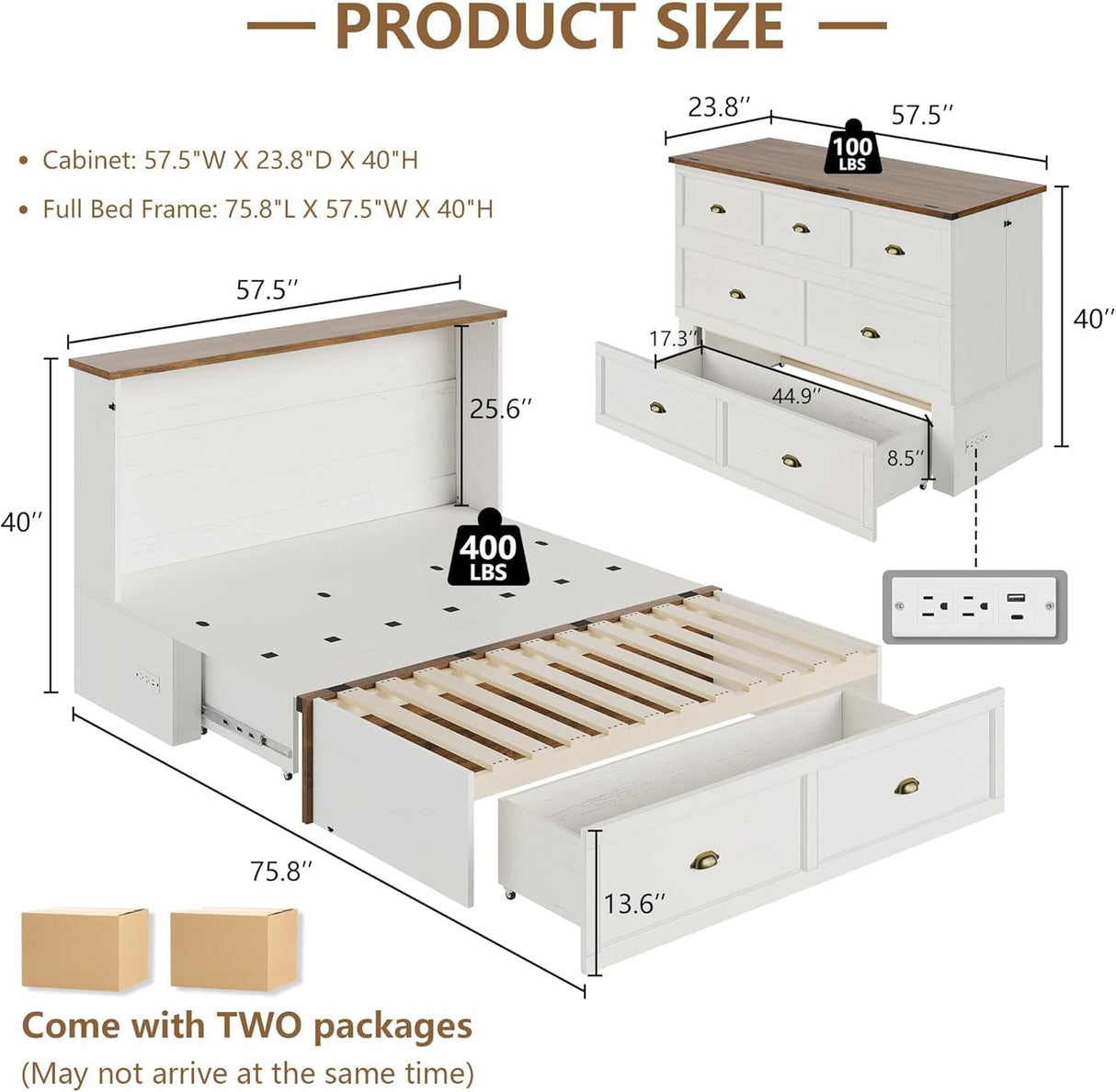 AMERLIFE Full Size Murphy Bed, Farmhouse Wooden Cabinet with Charging Station and Storage Drawer for Bedroom/Office/Guest Room, White+Barnwood AMERLIFE
