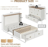 AMERLIFE Full Size Murphy Bed, Farmhouse Wooden Cabinet with Charging Station and Storage Drawer for Bedroom/Office/Guest Room, White+Barnwood AMERLIFE