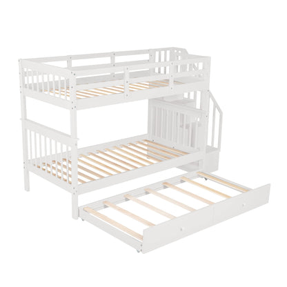 Harper & Bright Designs Twin Bunk Bed with Trundle Bed and Storage Shelf, Twin Over Twin Bunk Bed with Stairs and Guard Rail, Wood Bunk Bed Frame for Kids, Teens, Adults (Twin, White)