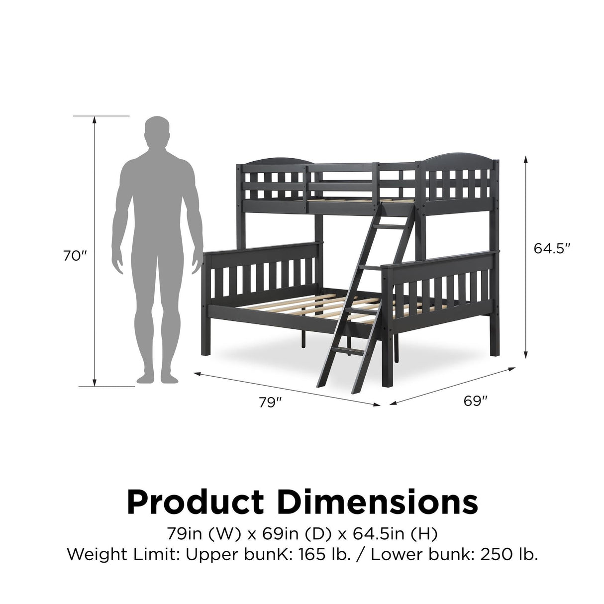DHP Airlie Convertible Wood Bunk Bed, Stackable and Detachable Bed Frames for Kids and Teens, with Angled Ladder, High Guardrail, Wood Slats, No Boxspring Required, Twin-Over-Full, Slate Gray DHP