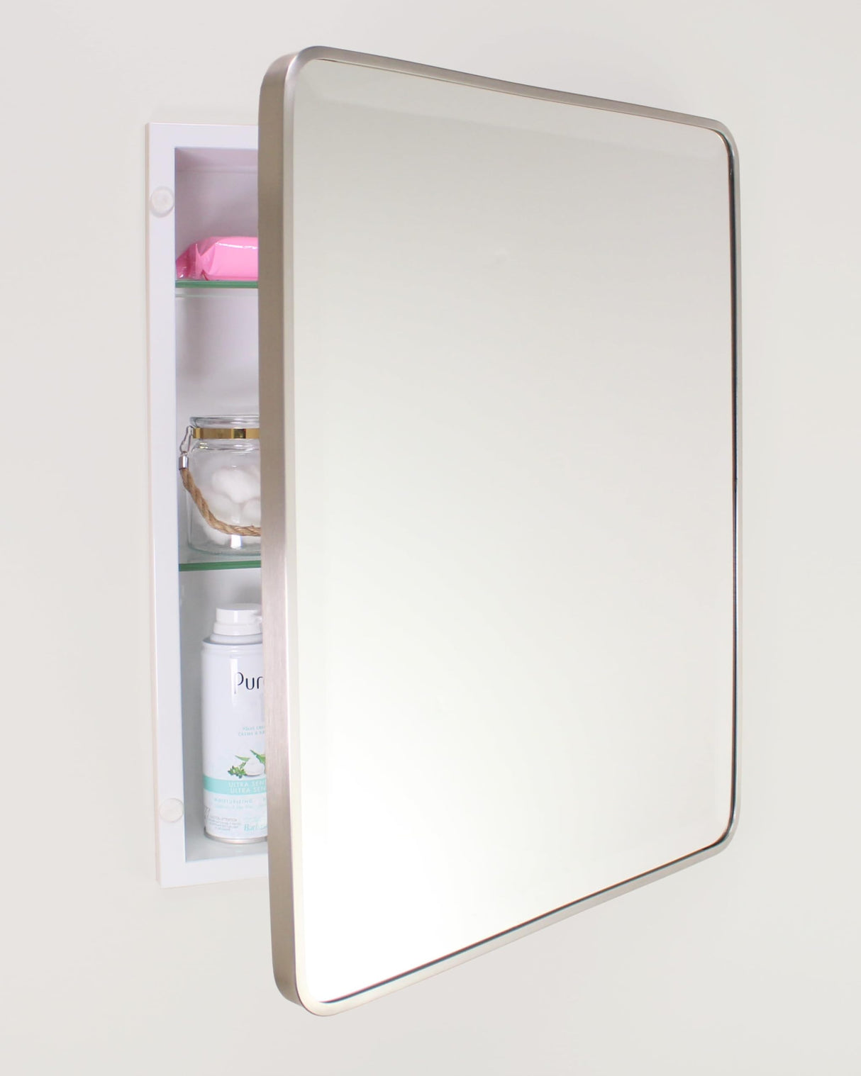 16x20 Austin Farmhouse Metal Framed Rounded Rectangle Recessed Bathroom Medicine Cabinet, Beveled Mirror, 14x18 in-Wall Opening, powder-coated Steel, Glass Shelves, Magnet Close, Brushed Nickel Fox Hollow Furnishings