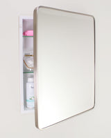 16x20 Austin Farmhouse Metal Framed Rounded Rectangle Recessed Bathroom Medicine Cabinet, Beveled Mirror, 14x18 in-Wall Opening, powder-coated Steel, Glass Shelves, Magnet Close, Brushed Nickel Fox Hollow Furnishings