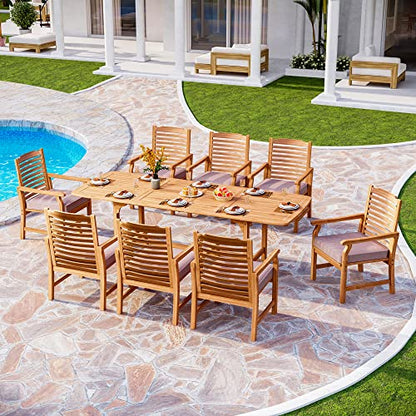 PHI VILLA 9 Pieces Acacia Wood Patio Dining Set for 8, Expandable Teak Dining Table & Wooden Chairs with Cushions, Farmhouse Dining Furniture Set for Outdoor Deck, Yard, Porch - WoodArtSupply