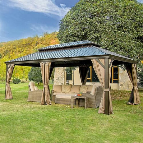 Domi Hardtop Gazebo 12x18FT, Outdoor Gazebo with Galvanized Steel Double Roof, Aluminum Frame, Built-in Gutter System, Curtain and Netting, Metal Gazebo Pavilion for Patio Deck Garden, Brown domi outdoor living