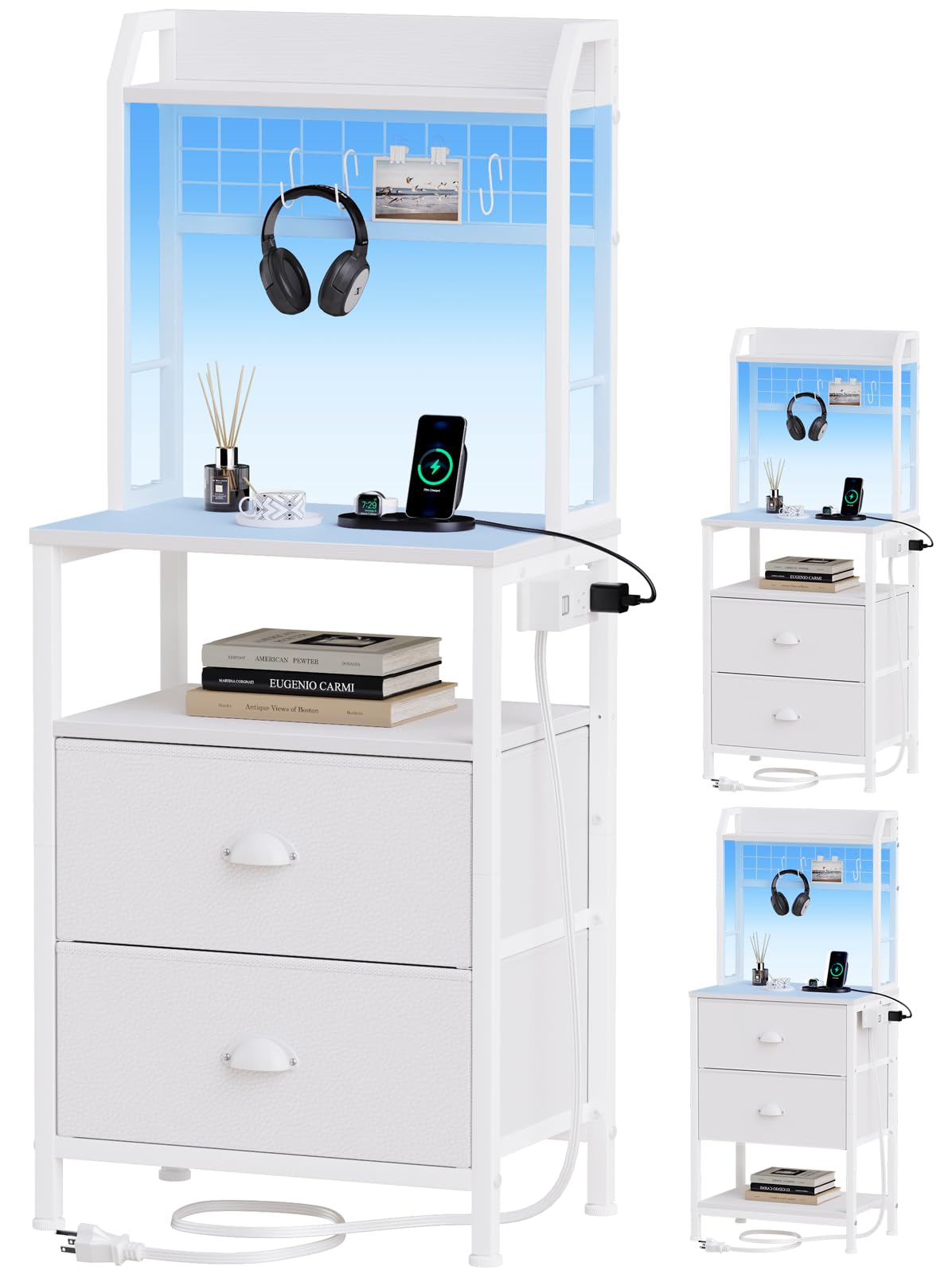 Furologee Tall Nightstand with Charging Station & LED Lights, 41'' Bedside Table with 2 Drawers & Pegboard, White Night Stand with Hooks & Folders, End Table with Shelves for Bedroom/Living Room Furologee