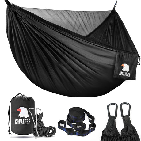 Covacure Camping Hammock - Lightweight Double Hammock, Hold Up to 772lbs, Portable Hammocks for Indoor, Outdoor, Hiking, Camping, Backpacking, Travel, Backyard, Beach(Black) covacure
