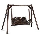 EPICOZY 2-Seat Porch Swing, Wooden Log Patio Swing Chair Bench with Stand, Rustic Hardwood Swing Chair with Curved Back, Wood Seating Porch Swings for Outside Yard, Garden, Deck, Poolside, Carbonized EPICOZY