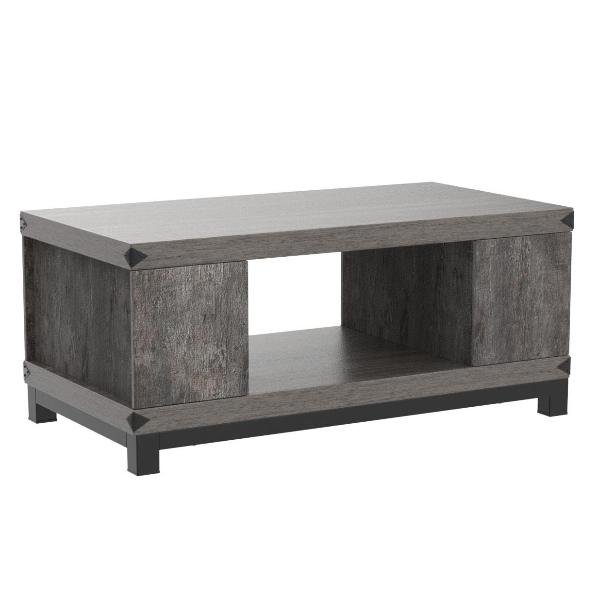 LED Coffee Table with Storage Drawers, Farmhouse Wood Coffee Table for Living Room, Modern Tea Table with Double Storage Shelves, Metal Legs, Grey, 42" - WoodArtSupply