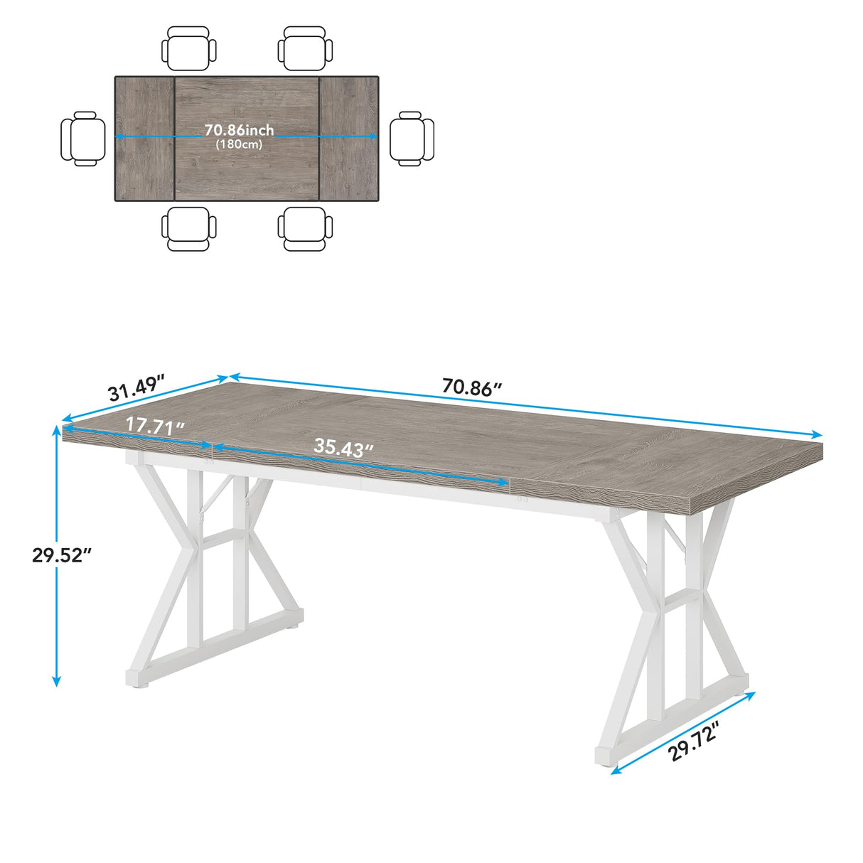 Tribesigns Farmhouse Dining Table for 6 People, 70.8-Inch Rectangular Wood Dining Table, Rustic Kitchen Table with Heavy Duty Metal Legs for Dining Room(Grey) Tribesigns