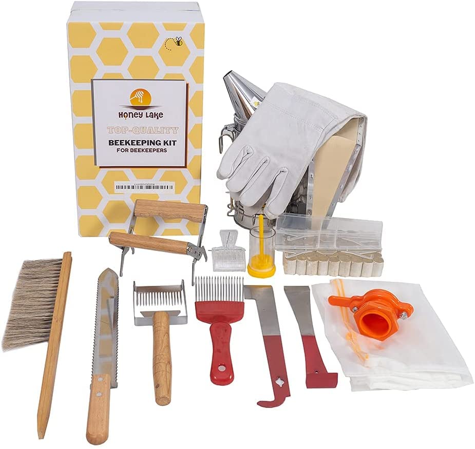 Honey Lake 10 Frame Bee Hive Starter Kit and Beekeeping Supplies, Beeswax Coated Bee Hives Boxes Starter Kit with Beehive Tool Kit Includes Bee Smoker Beekeeper Hat Honey Lake
