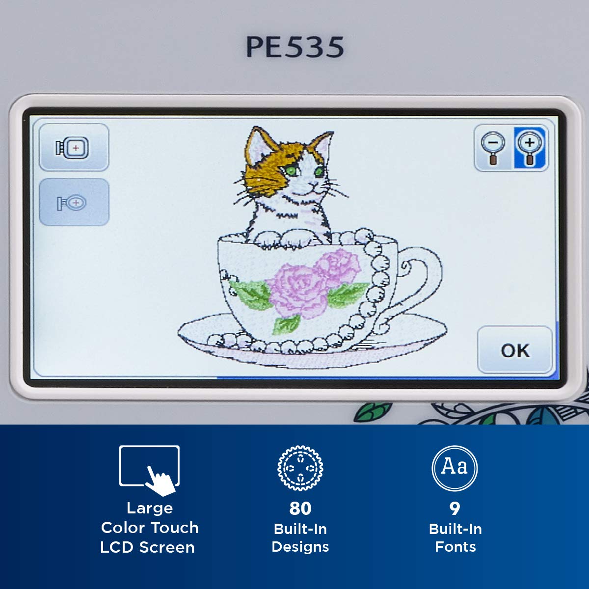 Brother PE535 Embroidery Machine, 80 Built-in Designs, 4" x 4" Hoop Area, Large 3.2" LCD Touchscreen, USB Port, 9 Font Styles Brother