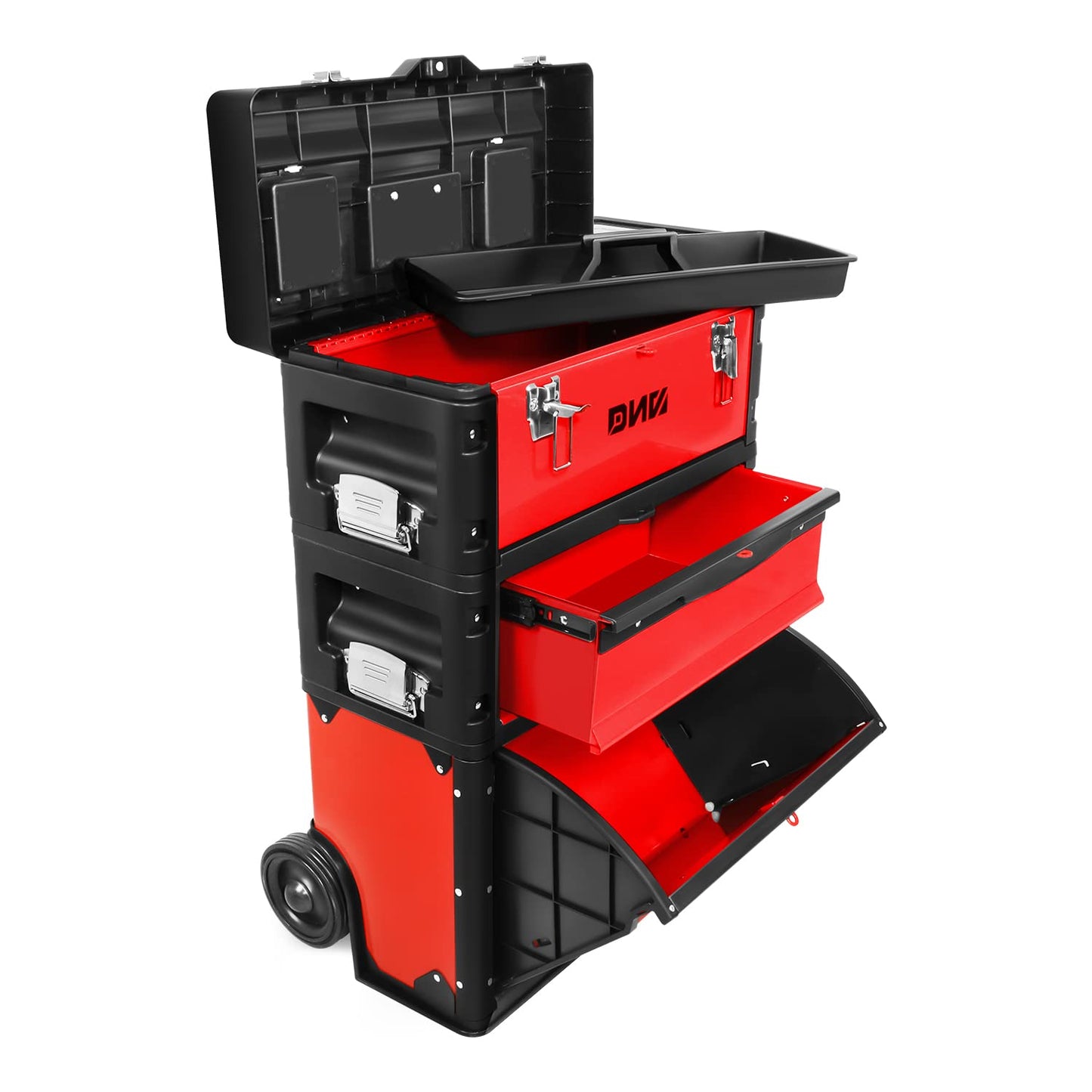 ‎DNA MOTORING TOOLS-00222 ‎19.5" x 28.5" x 12" ‎3-Tier Stackable Separate Hand Case Tool Boxes Trolley, 3-in-1 Storage Compartments, Red