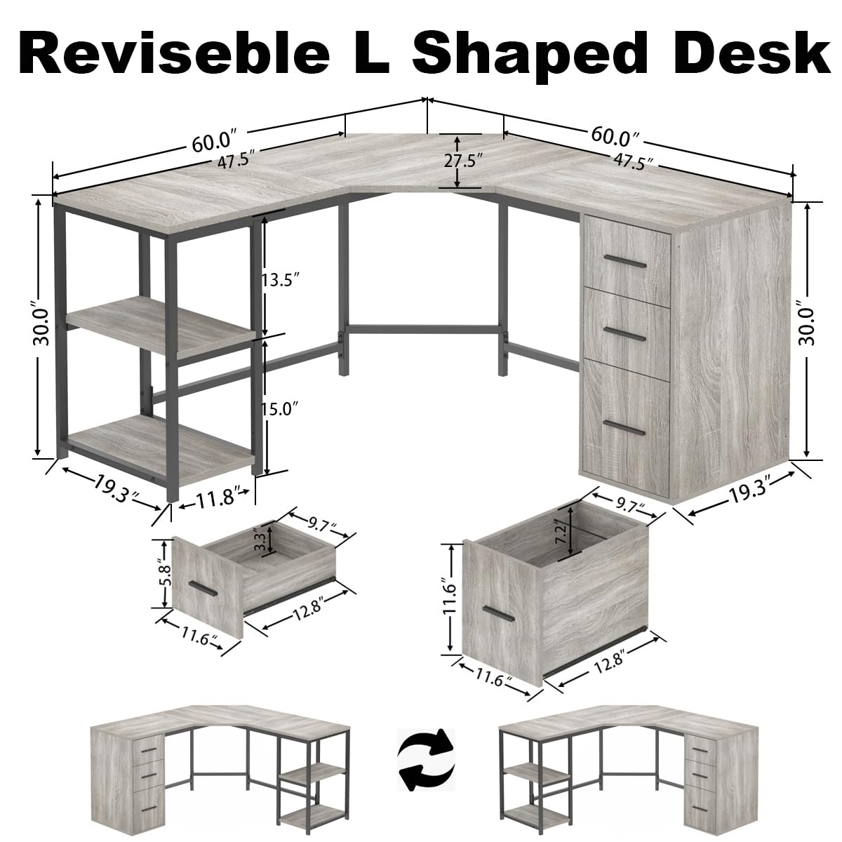 LVB Reversible Gray L Shaped Corner Desk with Storage, 60" Corner L-Shaped Computer Desk with File Cabinet Shelves, Wood Metal L Shape Home Office Work Study Writing Desk for Dual Monitor, Light Grey LVB