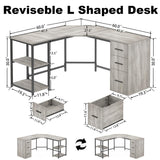 LVB Reversible Gray L Shaped Corner Desk with Storage, 60" Corner L-Shaped Computer Desk with File Cabinet Shelves, Wood Metal L Shape Home Office Work Study Writing Desk for Dual Monitor, Light Grey LVB