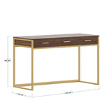 Martha Stewart Ollie Home Office Desk with 3 Drawers in Walnut Wood Grain with Polished Brass Hardware Martha Stewart