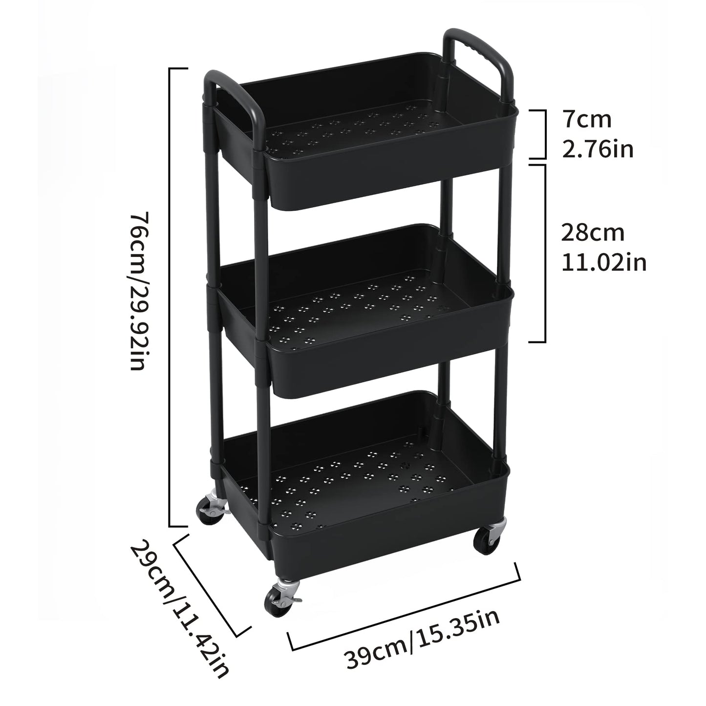 Sywhitta 3-Tier Plastic Rolling Utility Cart with Handle, Multi-Functional Storage Trolley for Office, Living Room, Kitchen, Movable Storage Organizer with Wheels, Black - WoodArtSupply