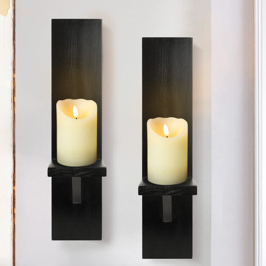 Wall Candle Sconces Set of 2, Decorative Wooden Candle Holder, Farmhouse Candle Sconce, Living Room Wall Decoration (Solid Black) - WoodArtSupply