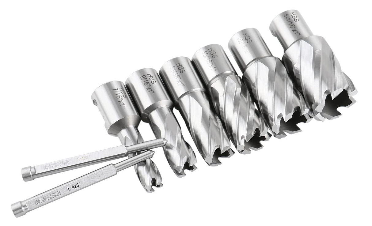 Accusize Industrial Tools Hss Professional Annular Cutter Set 1'' Cutting Depth, 7/16'' to 1-1/16'' with 3/4'' Weldon Shank, 8 Pc Set, HSS1-0000 Accusize Industrial Tools