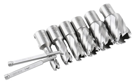 Accusize Industrial Tools Hss Professional Annular Cutter Set 1'' Cutting Depth, 7/16'' to 1-1/16'' with 3/4'' Weldon Shank, 8 Pc Set, HSS1-0000 Accusize Industrial Tools