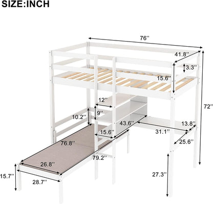 MERITLINE Twin Loft Bed with Versatile Desk and Bookshelf in White - WoodArtSupply