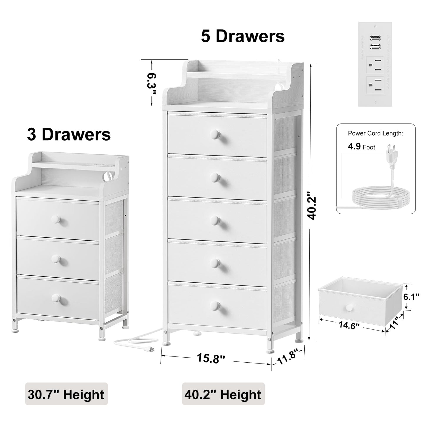 REAHOME 5 Drawer Dresser for Bedroom with Charging Station and LED Lights, White Chest of Drawers with with Shelves, Tall Night Stand with Sturdy Steel Frame & Wood Top for Bedroom - Leather White