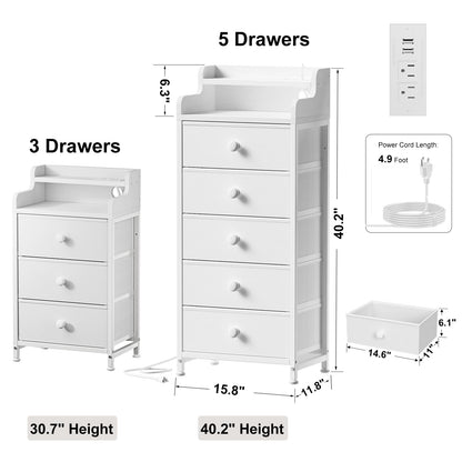 REAHOME 5 Drawer Dresser for Bedroom with Charging Station and LED Lights, White Chest of Drawers with with Shelves, Tall Night Stand with Sturdy Steel Frame & Wood Top for Bedroom - Leather White