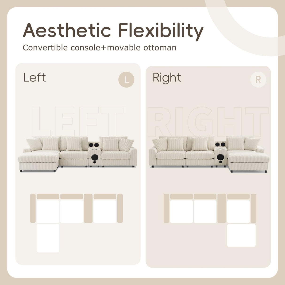 Merax 114 * 64" Corduroy Sectional Couches with Bluetooth Speakers, Storage, Ottoman & Pillows, Upholstered Modular Sofa Chaise with Console, USB Charger, Cup Holders for Living Room Apartment, Cream Merax