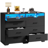 Hasuit Dresser with LED Lights for Bedroom, Double Dresser with 6 Drawers and 2 Pull-Out Tray, Black Chest of Drawers Bedroom Storage Organizer, Dimensions 15.6" D x 42.6" W x 30.1" H Hasuit