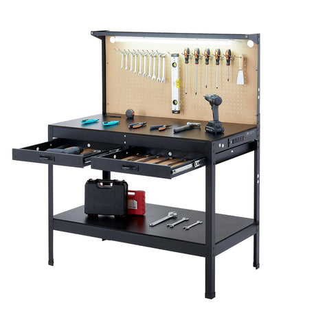 VEVOR Hardwood Workbench, 242.5 lbs Weight Capacity, 47.2-inch Heavy Duty Workbench with Pegboard, 4 AC Outlets & 2 USB Ports, 1.5m Cable & 30 Hooks, Garage Work Bench with Drawer for Workshop VEVOR