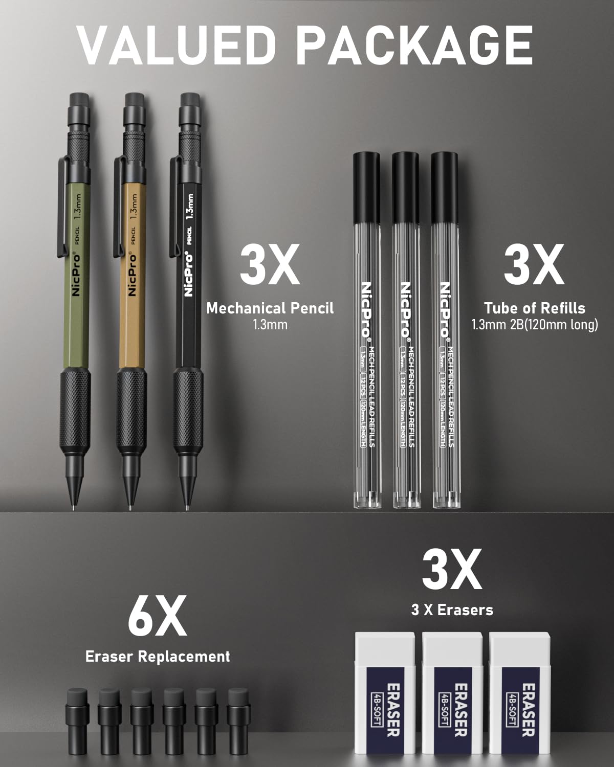 Nicpro 3 PCS 1.3 mm Mechanical Pencil Set 3 Colors with 36 Lead Refill, 3 Eraser - Weatherproof Metal MP2000 Heavy Duty Carpenter Pencil for Outdoor Marking Drafting Drawing Woodworking Nicpro