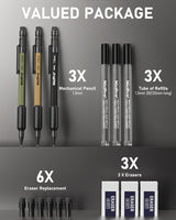 Nicpro 3 PCS 1.3 mm Mechanical Pencil Set 3 Colors with 36 Lead Refill, 3 Eraser - Weatherproof Metal MP2000 Heavy Duty Carpenter Pencil for Outdoor Marking Drafting Drawing Woodworking Nicpro