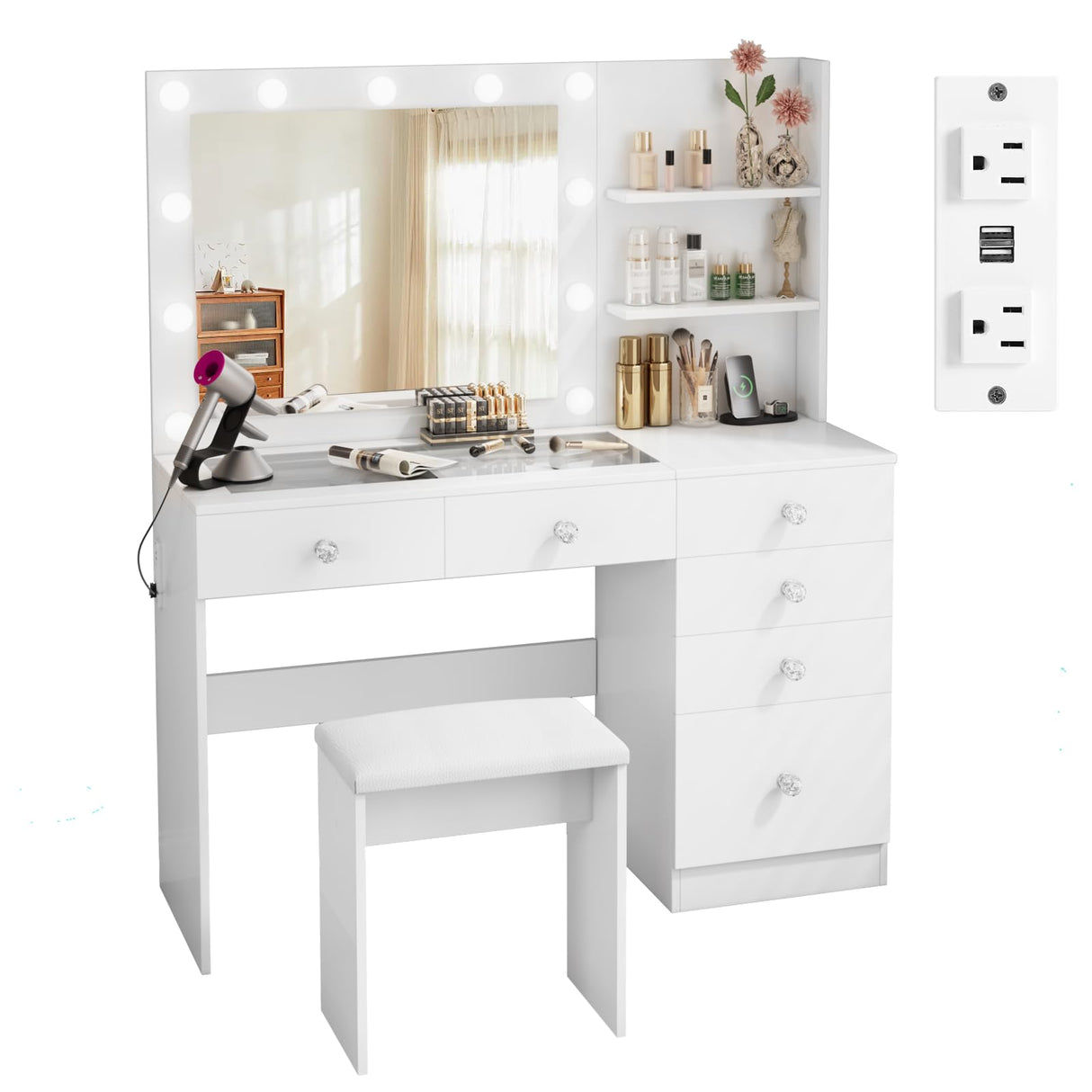 VOWNER Vanity with Lights - 47" Makeup Vanity Desk with Glass Top, 6 Drawers, 3 Storage Shelves and Outlet, 3 Color Lighting Modes with Adjustable Brightness, Makeup Desk with Stool for Bedroom, White VOWNER