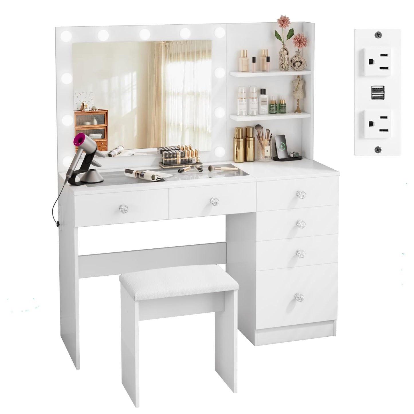 VOWNER Vanity with Lights - 47" Makeup Vanity Desk with Glass Top, 6 Drawers, 3 Storage Shelves and Outlet, 3 Color Lighting Modes with Adjustable Brightness, Makeup Desk with Stool for Bedroom, White