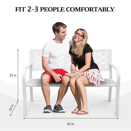 VINGLI 50" Outdoor Bench Metal with Floral Back, Garden Bench Front Porch Bench for Yard Patio Entryway Park Outside, 800lb Capacity - White VINGLI