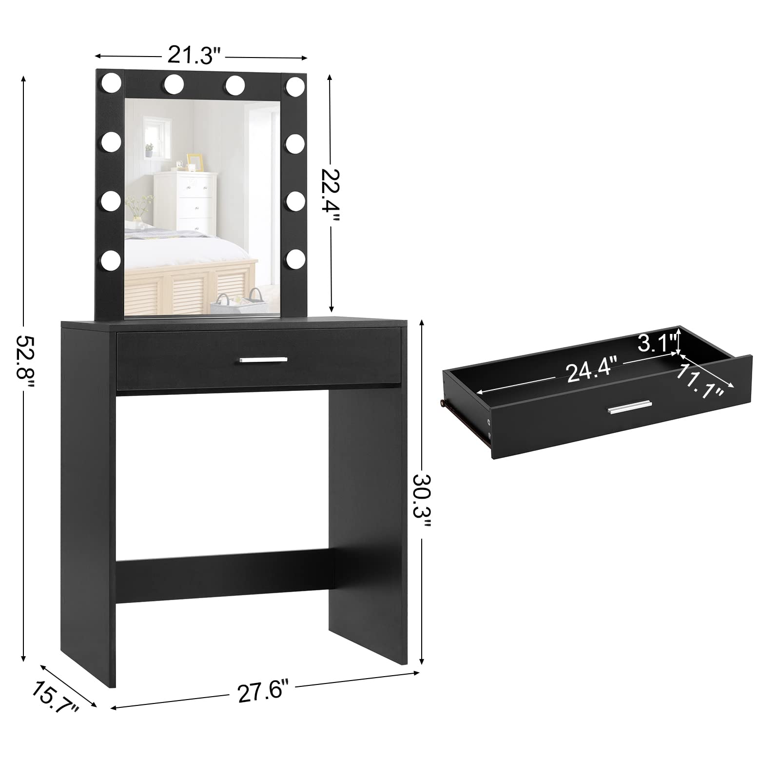 Reettic Makeup Vanity Table with Lighted Mirror, Vanity Desk with Drawers, Bedroom Dressing Table, 10 LED Blubs & Adjustable Brightness, for Women, Mother, Girls, Black RSZT102B - WoodArtSupply