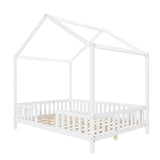 Merax House Shape Full Size Montessori House Bed Wood Floor Bed with Canopy Full Bedframe for Kids No Box Spring Needed White Merax