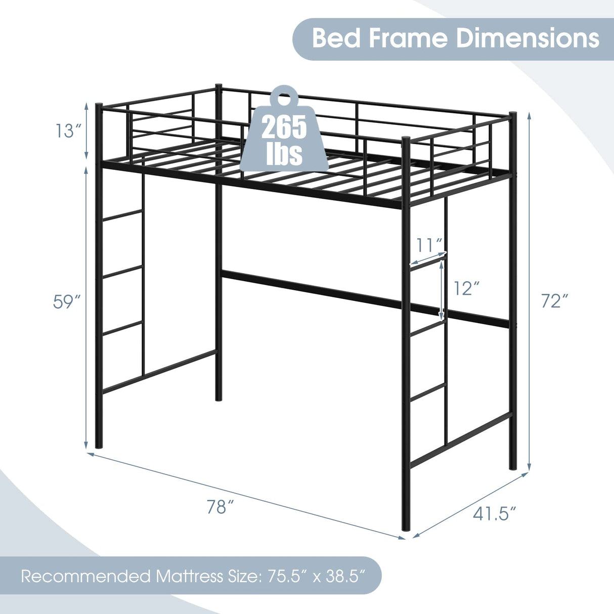 Giantex Twin Size Loft Bed Frame, Metal Loft Bed with Full-Length Safety Guardrail & 2 Bilateral Ladders, Space-Saving Bunk Bed for Teens & Adults, Ideal for Bedroom, Apartment, Dorm, Black Giantex