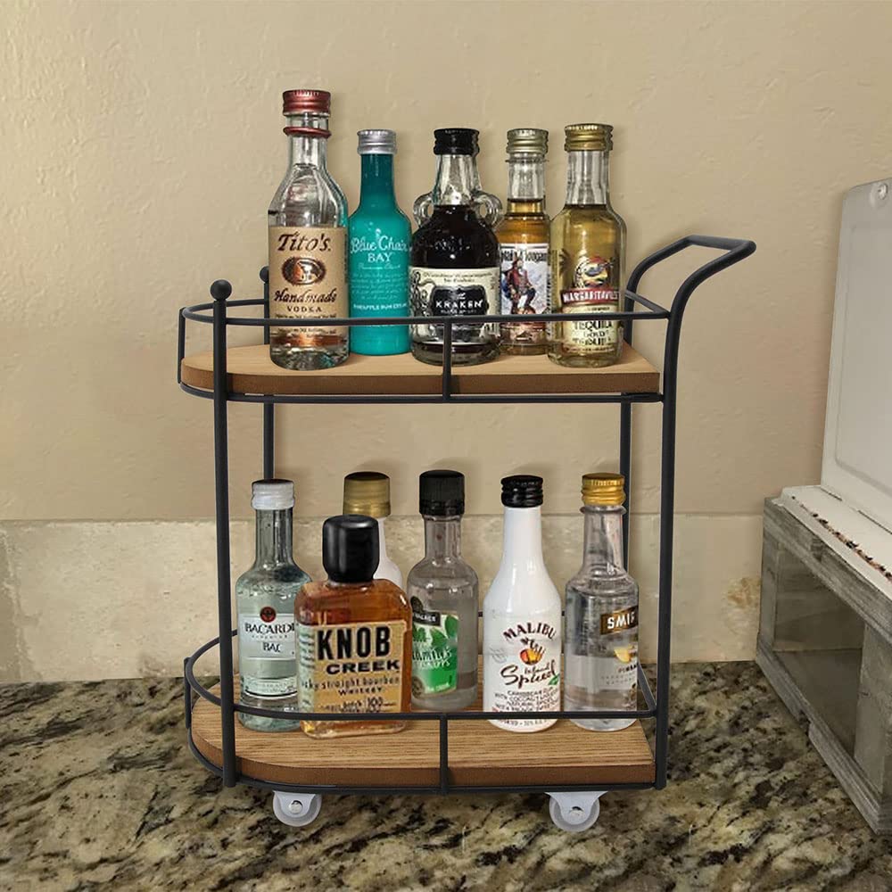 SunArtHome Two-Tier Matte Black Metal Wire/Wood Coffee Bar Cart - Mini Rolling Utility Cart Tiered Tray - for Coffee Bar Table Organizer,Home Kitchen Shelf, Farmhouse Décor SunArtHome