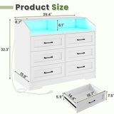 Hasuit White Dresser for Bedroom with LED Lights and Charging Station, Modern Wood 6 Drawers Storage Tower Clothes Organizer, Large Capacity Chest of Drawers Storage Cabinet for Bedroom, Living Room Hasuit